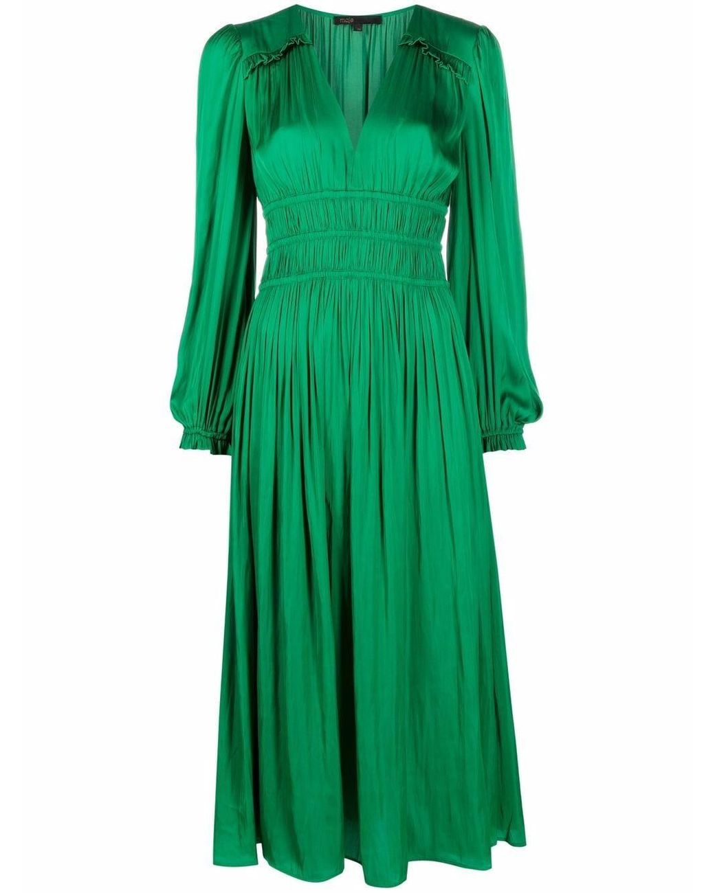 Maje V-neck Long-sleeve Dress in Green | Lyst
