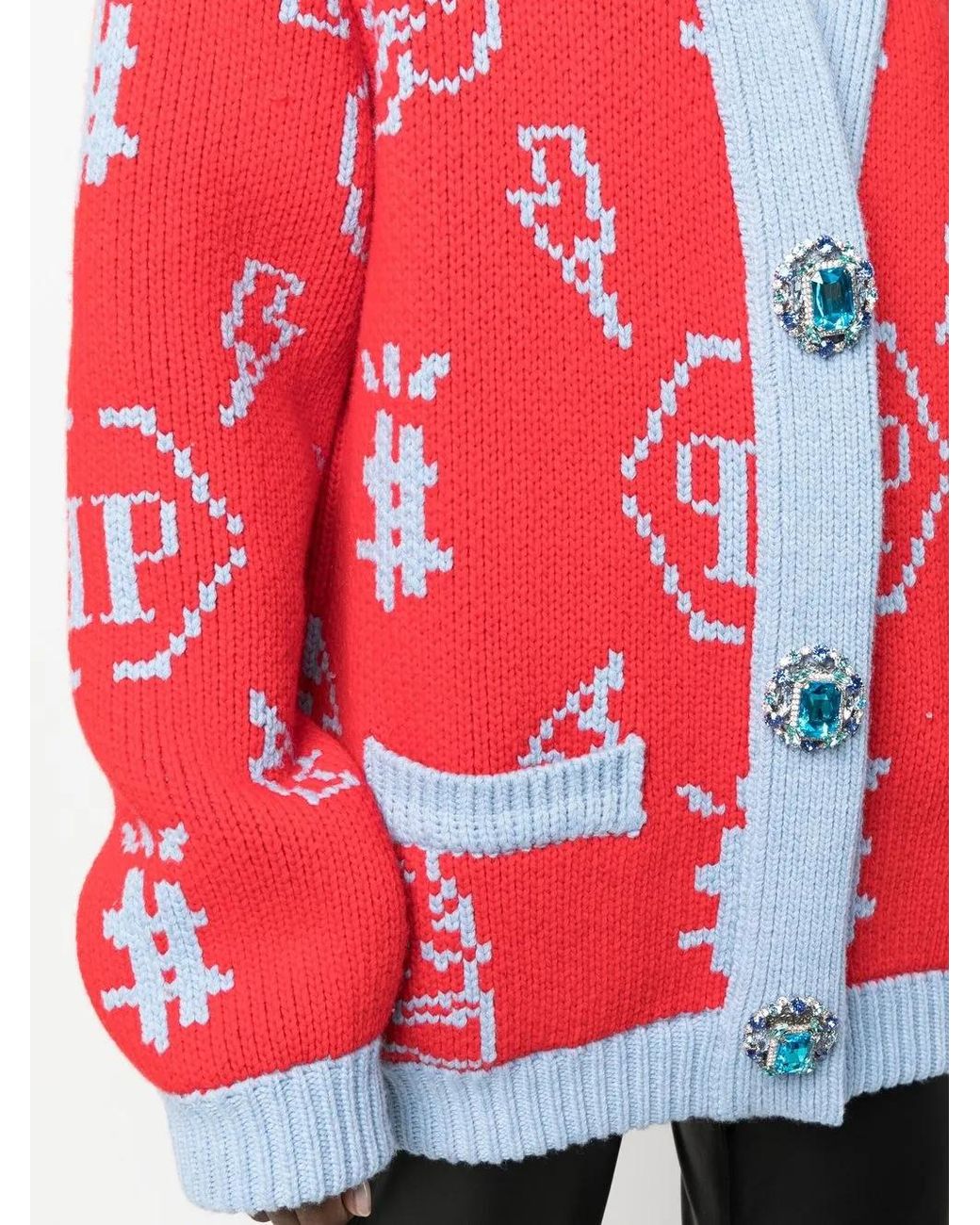 Philipp Plein Red Jacquard Logo Cardigan