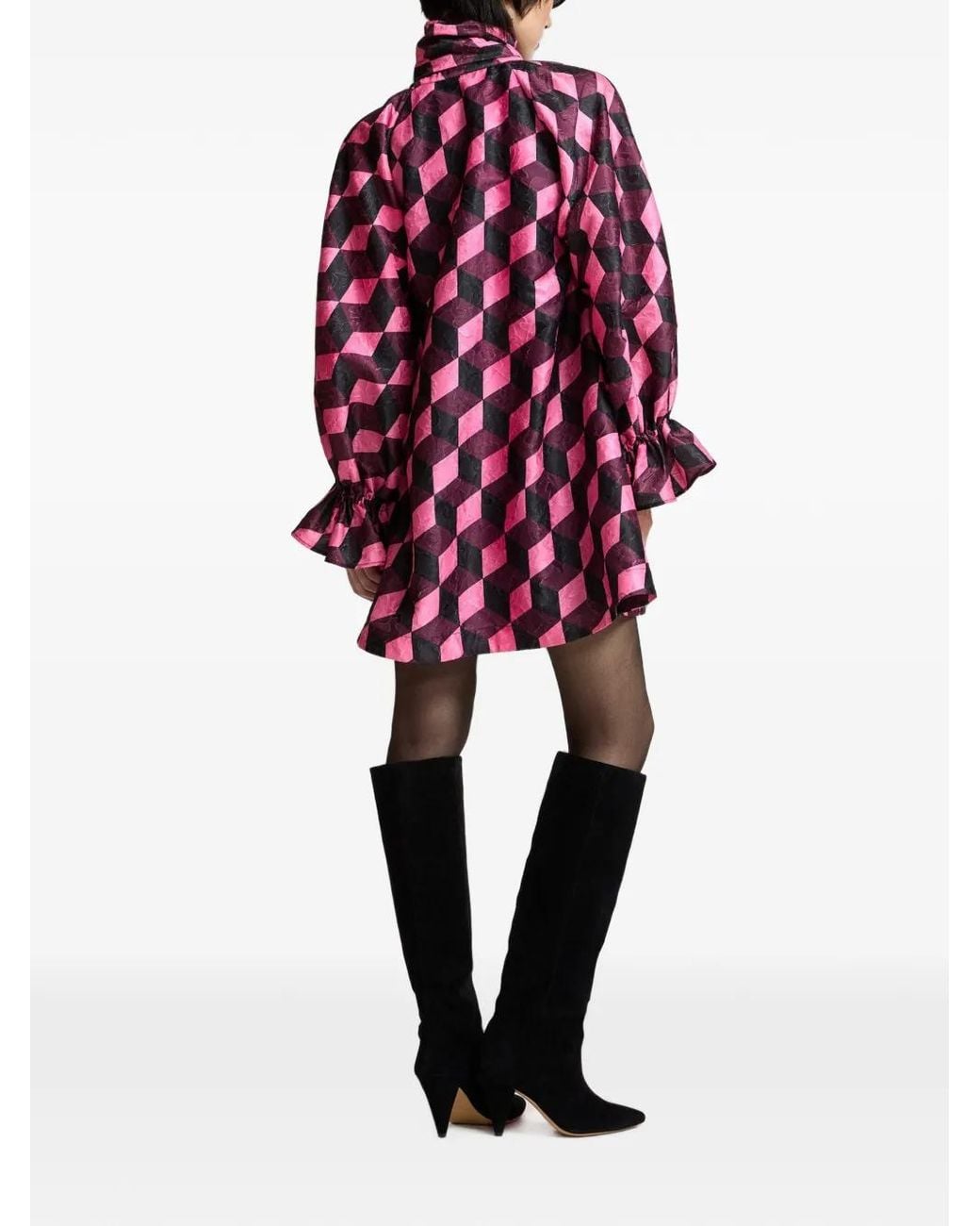 Essentiel Antwerp Purple Kioanna Geometric-Pattern Pussy-Bow Shift Mini Dress