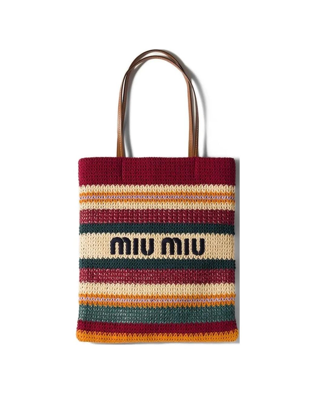 Miu Miu Red Raffia-Effect Woven Tote Bag