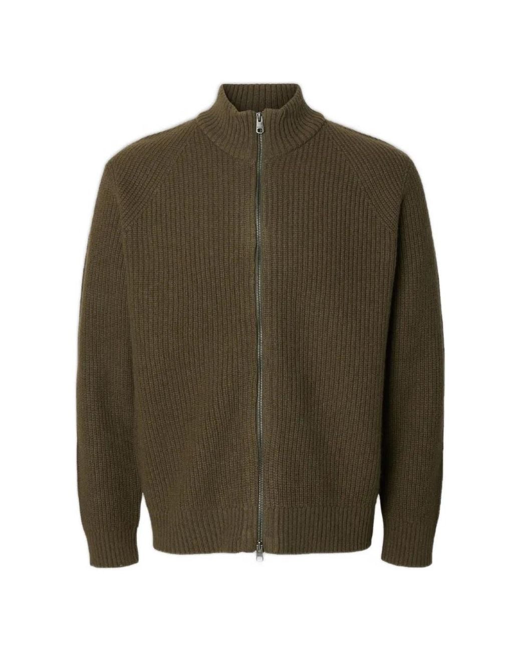 SELECTED Green Zip-Up Ribbed Cardigan for men