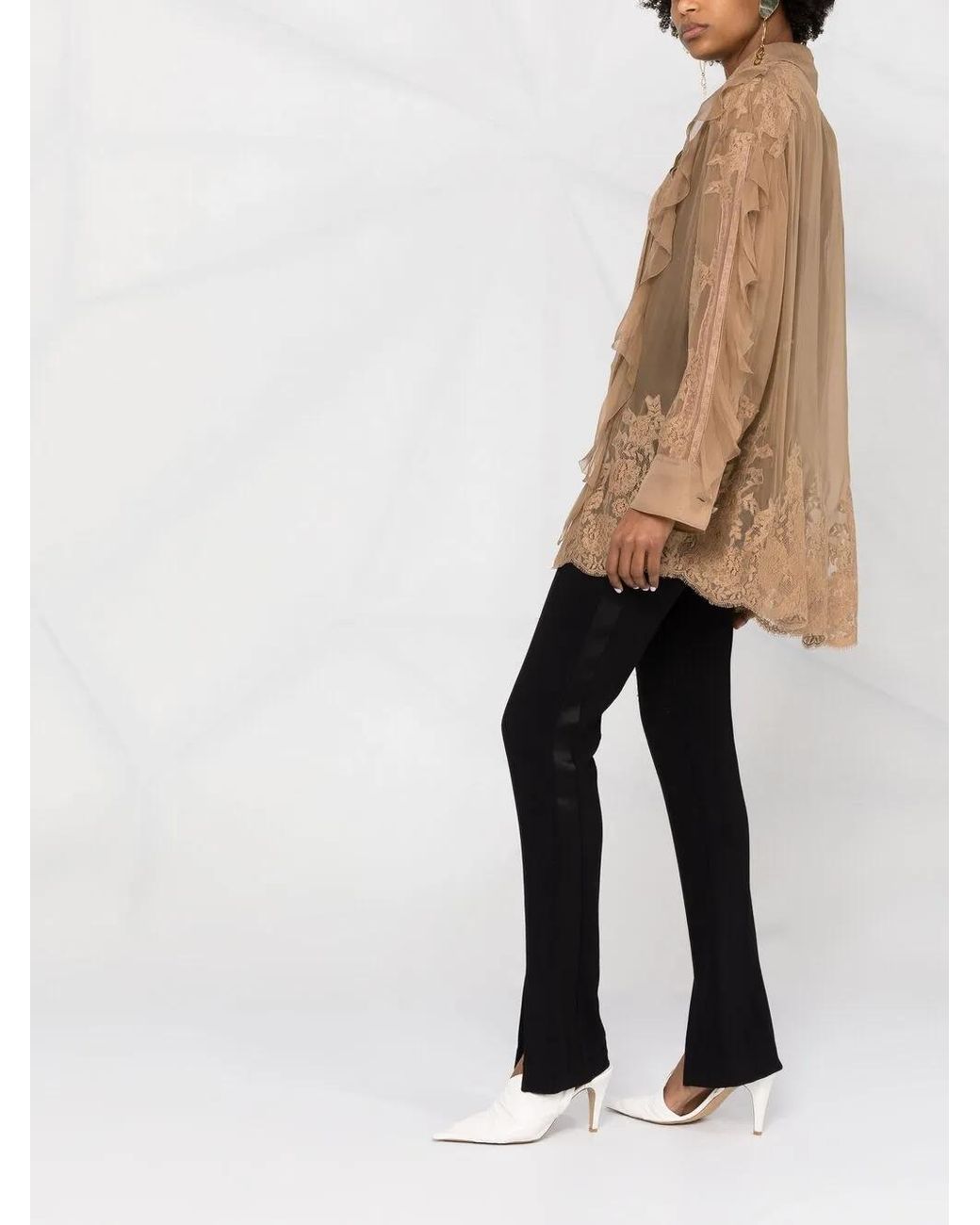Valentino Garavani Natural Beige Silk Ruffle-trim Silk Blouse