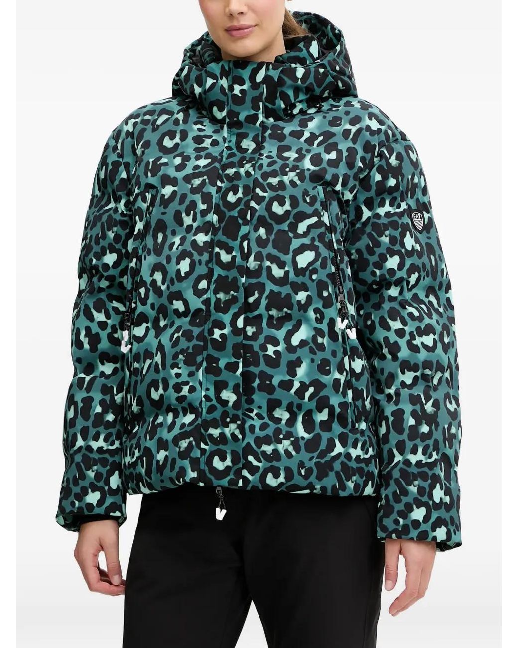 EA7 Green Hooded Leopard-Print Jacket