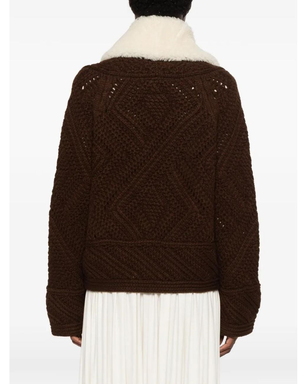 Ermanno Scervino Brown Shearling-Trim Chunky-Knit Jacket