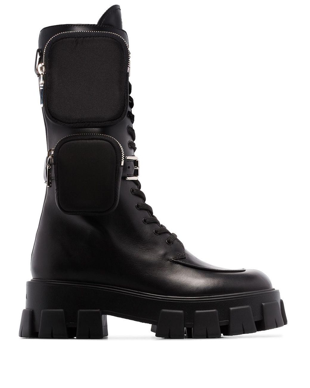 Prada Monolith Nylon Pocket-detailed Leather Combat Boots in Black | Lyst