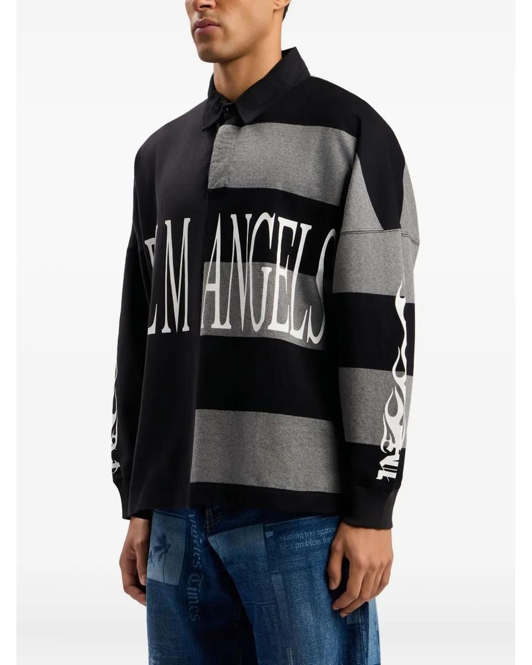 Palm Angels Black Patchwork Logo Flames Flag Polo Shirt for men