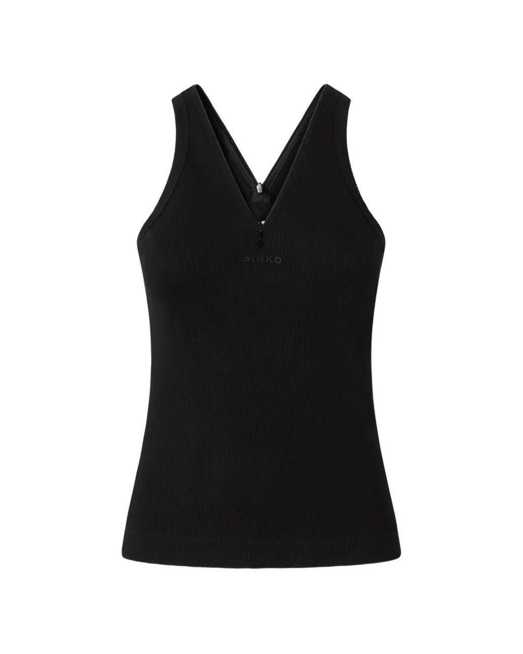 Pinko Black Rib-Knit Tank Top With V-Neck And Logo