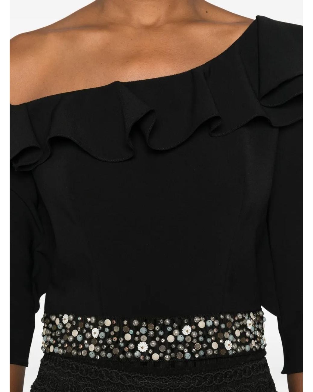Gemy Maalouf Black Embellished Ruffled Top