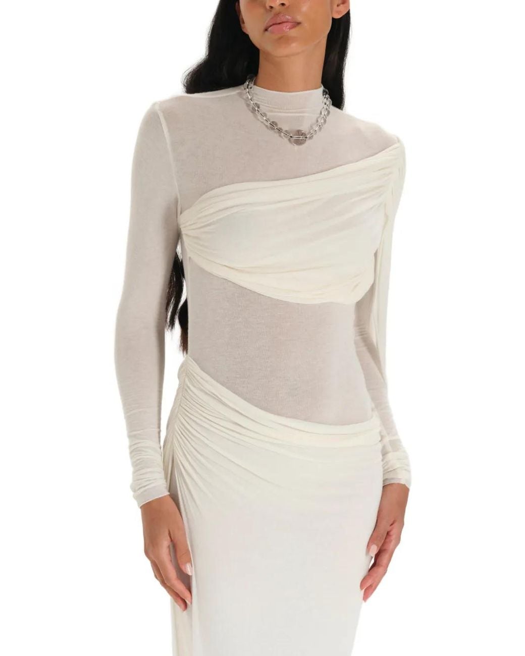 MANURI White Medeea Draped Sheer Maxi Dress