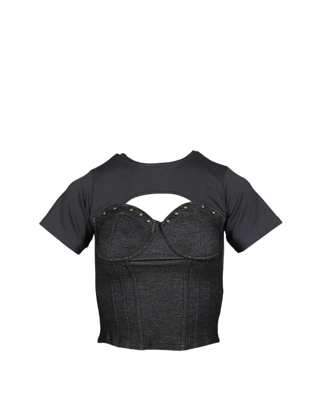 VIVAMUS Black Studded Panelled T-Shirt
