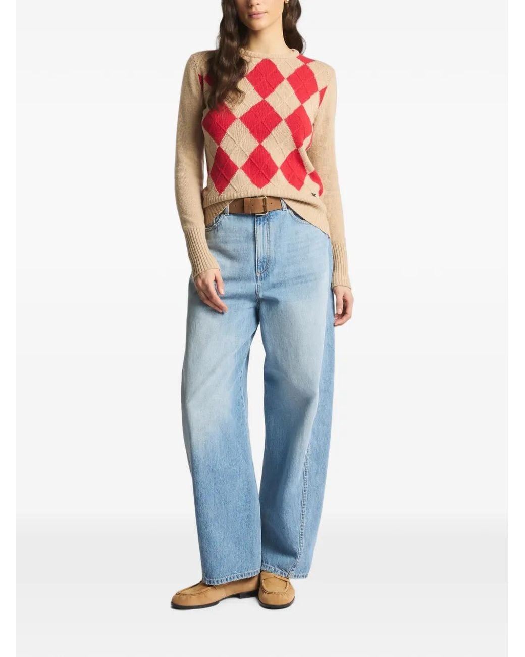 Fay Pink Argyle-Pattern Cable-Knit Sweater