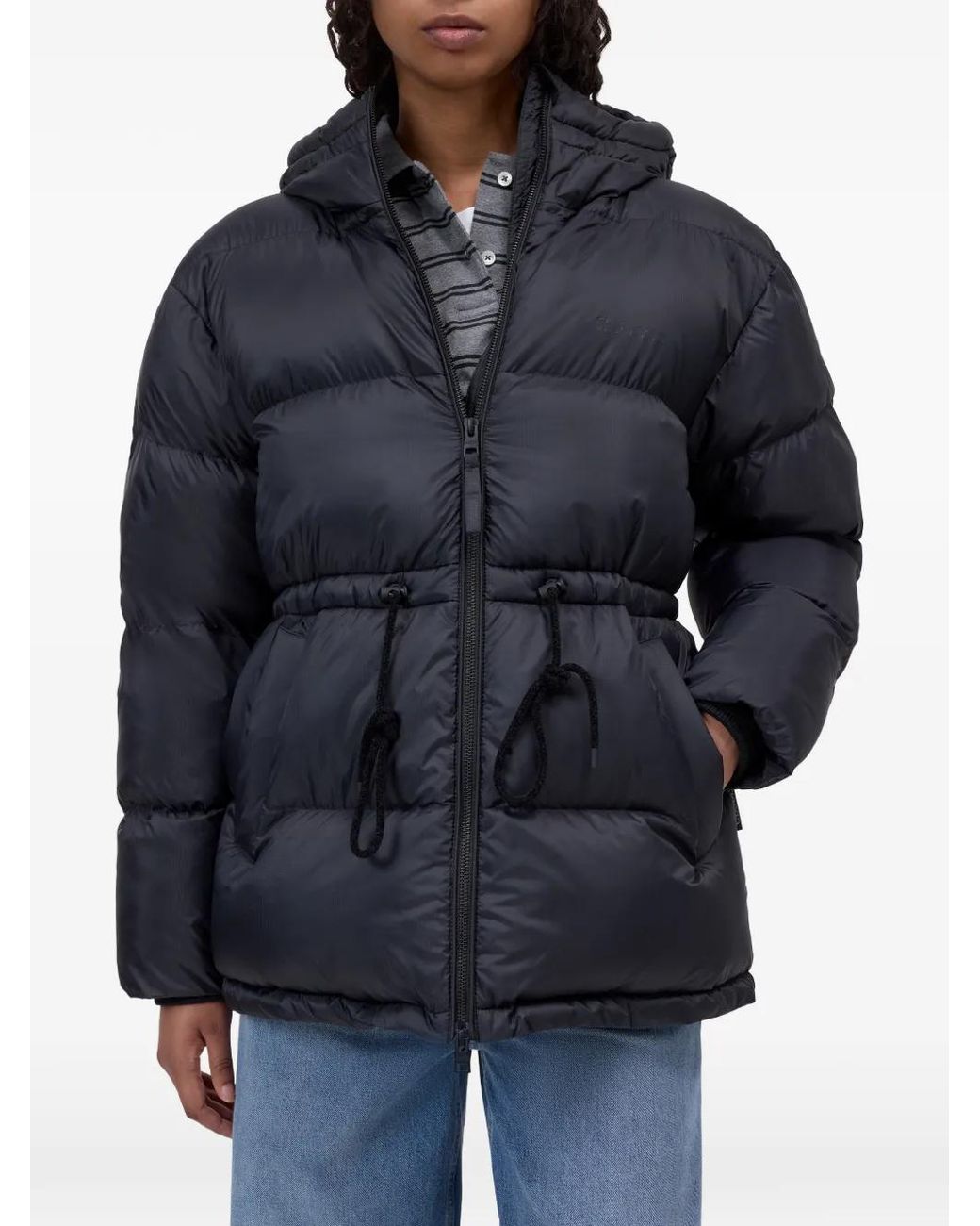 Closed Blue Drawstring-Waist Hooded Puffer Jacket