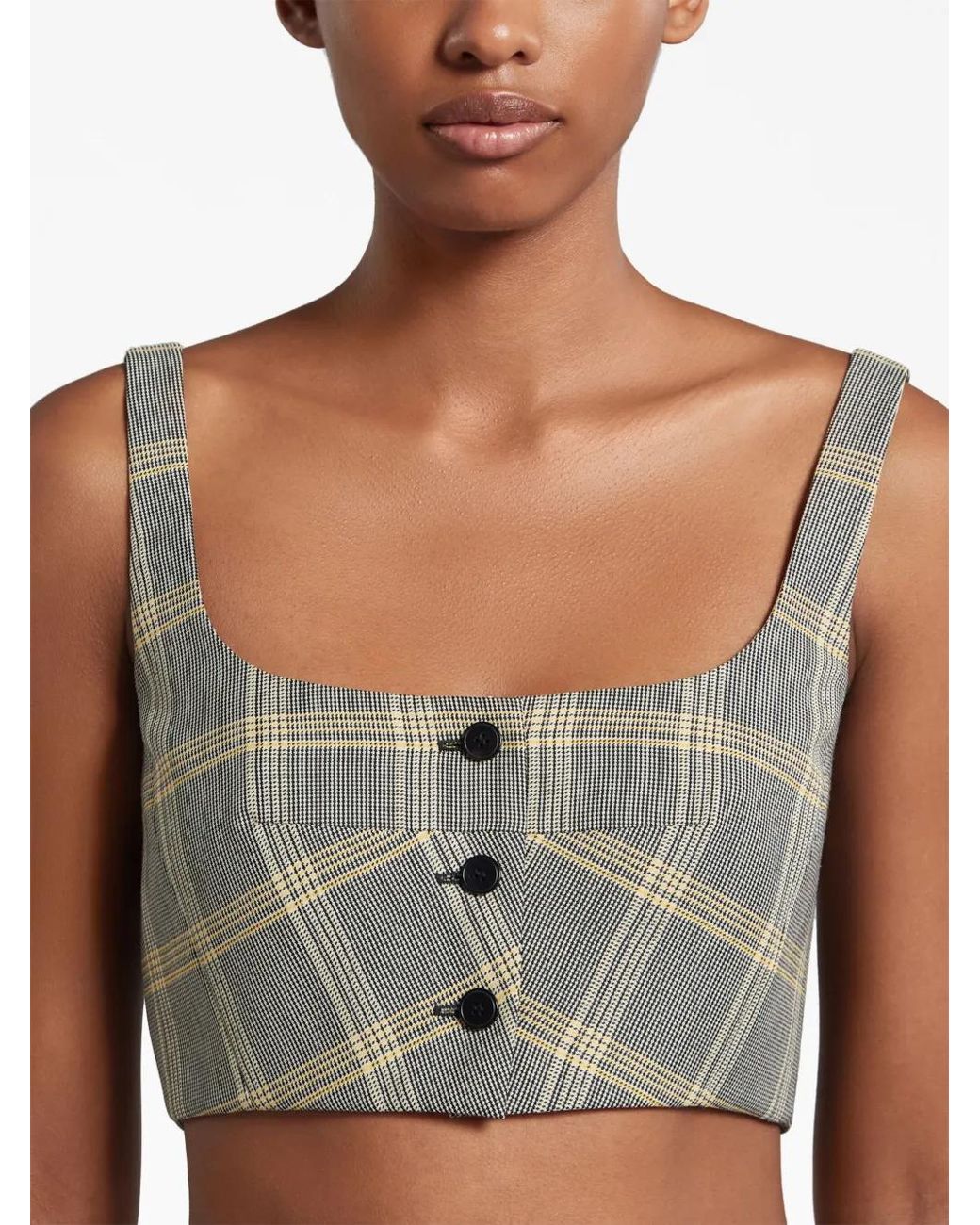 Marni Gray Cropped Check Print Top With Button Closure