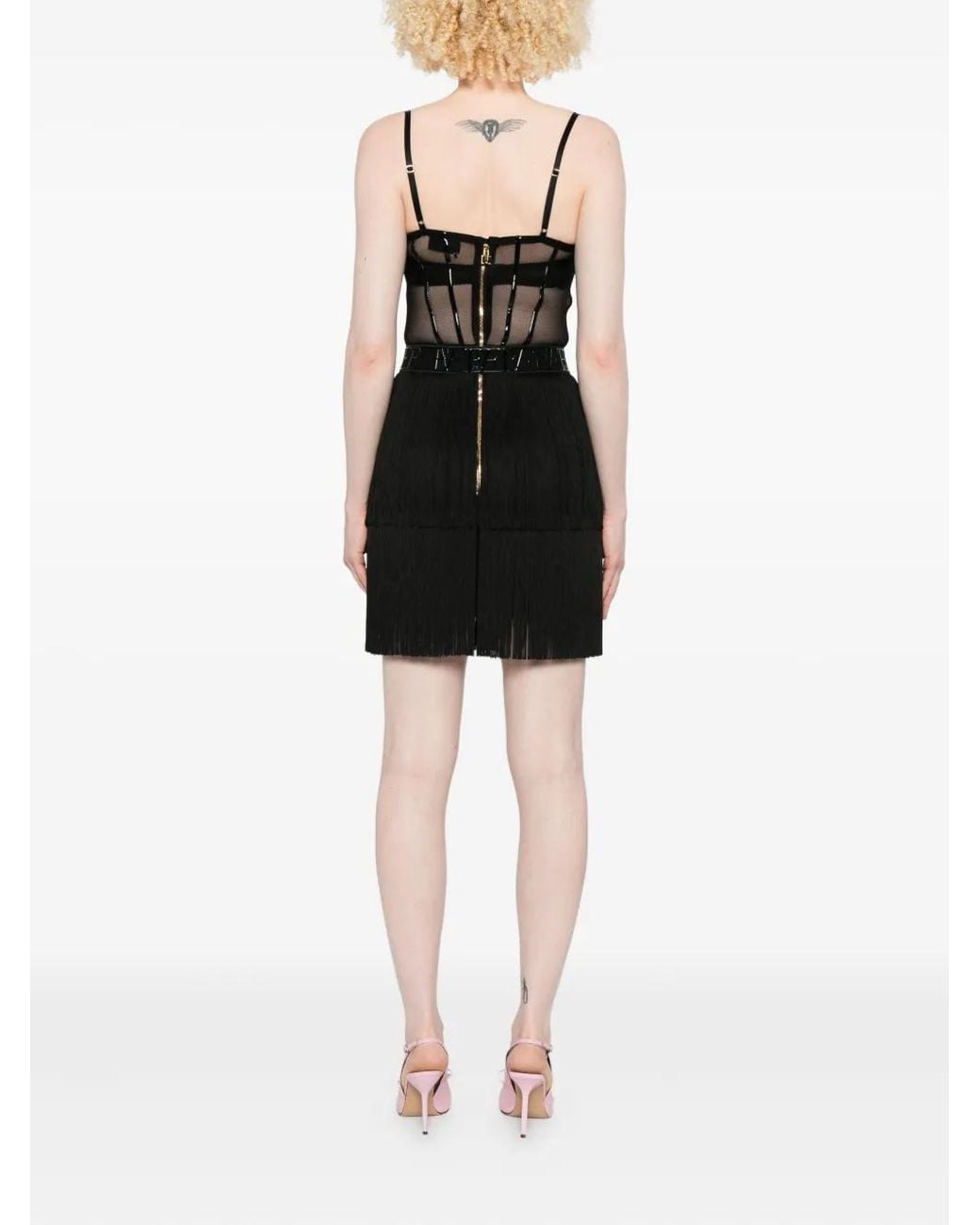 Elisabetta Franchi Black Tulle Mesh-Panel Fringed Dress