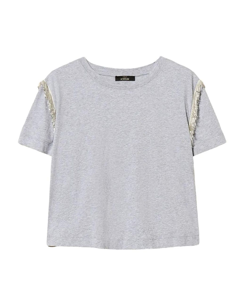Twinset Gray Beaded-Fringe Cotton T-Shirt