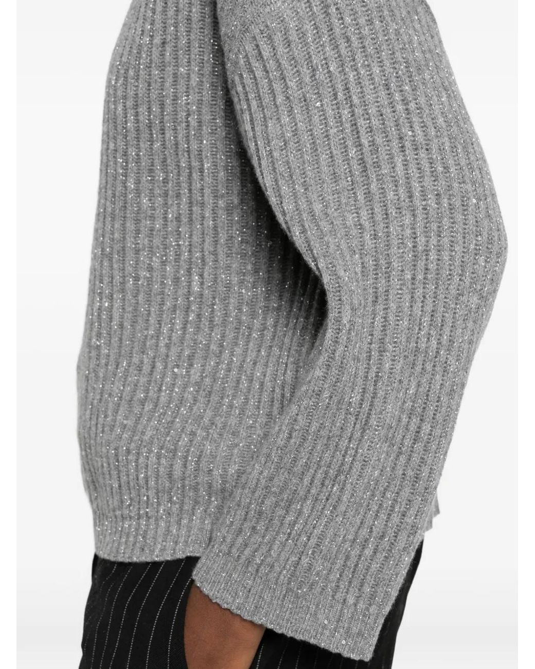 Brunello Cucinelli Gray Sequin-Embellished Ribbed Sweater