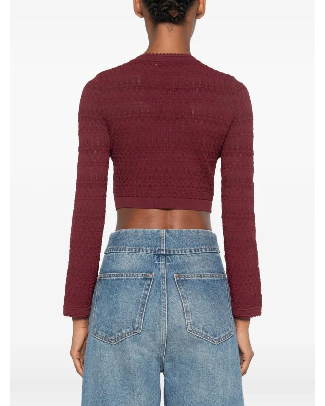 Sandro Red Cropped Pointelle Knit Cardigan