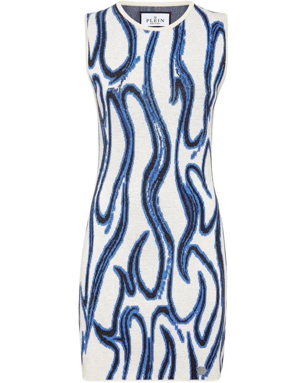 Philipp Plein Blue Minidress Jacquard Strass Flames