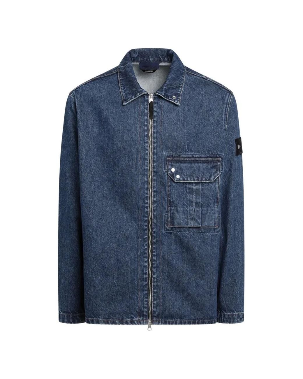 Stone Island Blue Logo-Patch Zip-Up Denim Jacket for men