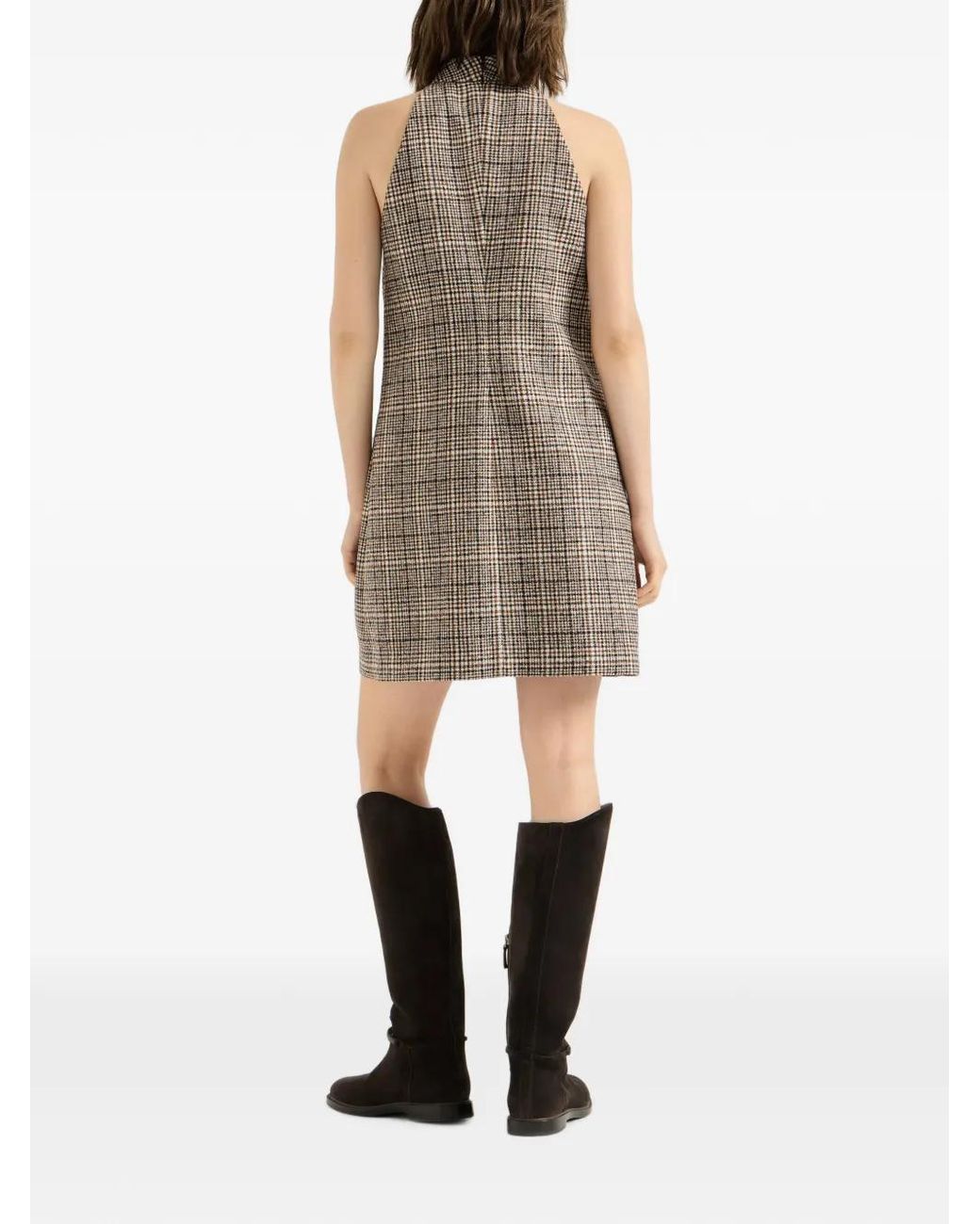Brunello Cucinelli Natural Checked Alpaca And Wool Dress With Monili