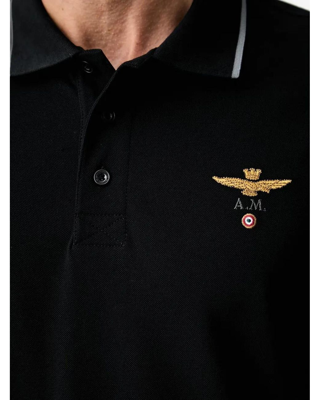 Aeronautica Militare Black Embroidered-Logo Polo Shirt for men