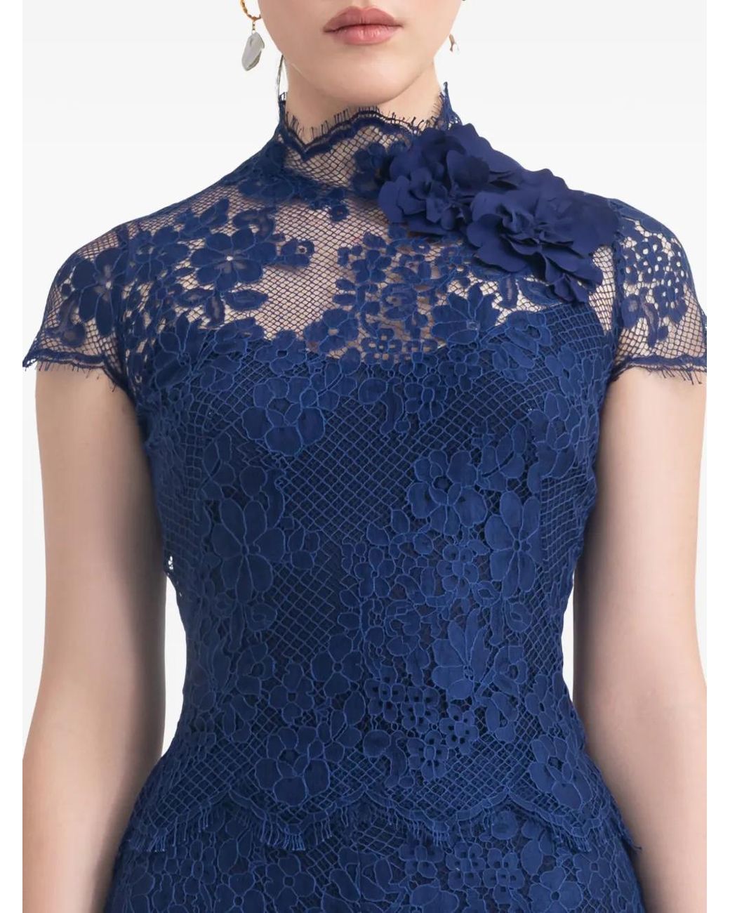 Gemy Maalouf Blue Floral-Lace Appliqué Top