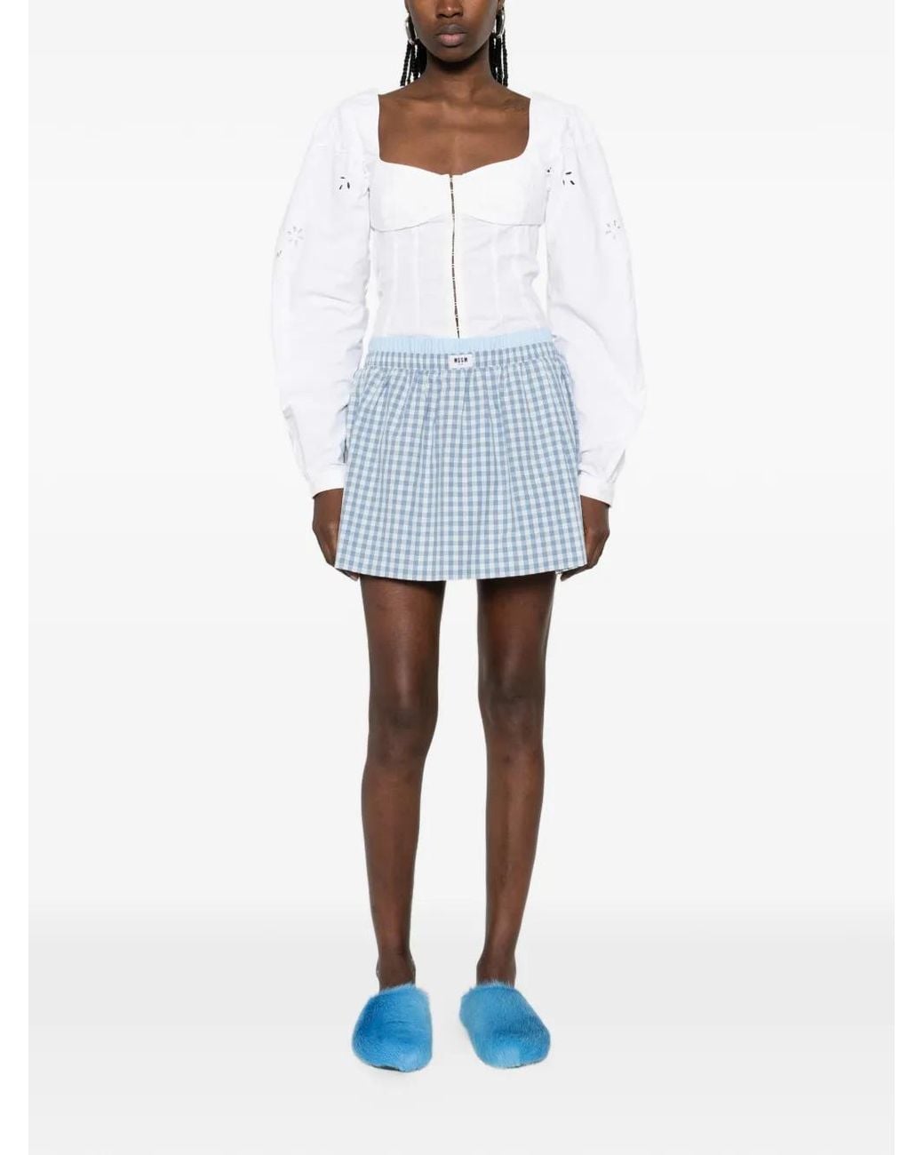 MSGM Blue Check Print Short Skirt