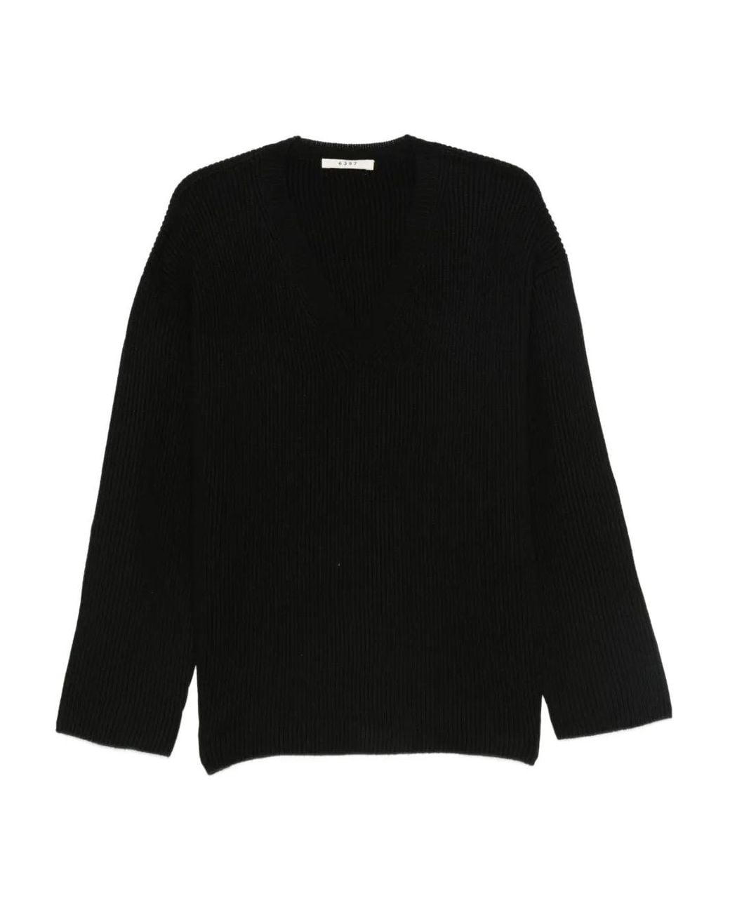 6397 Black Ribbed V-Neck Jumper