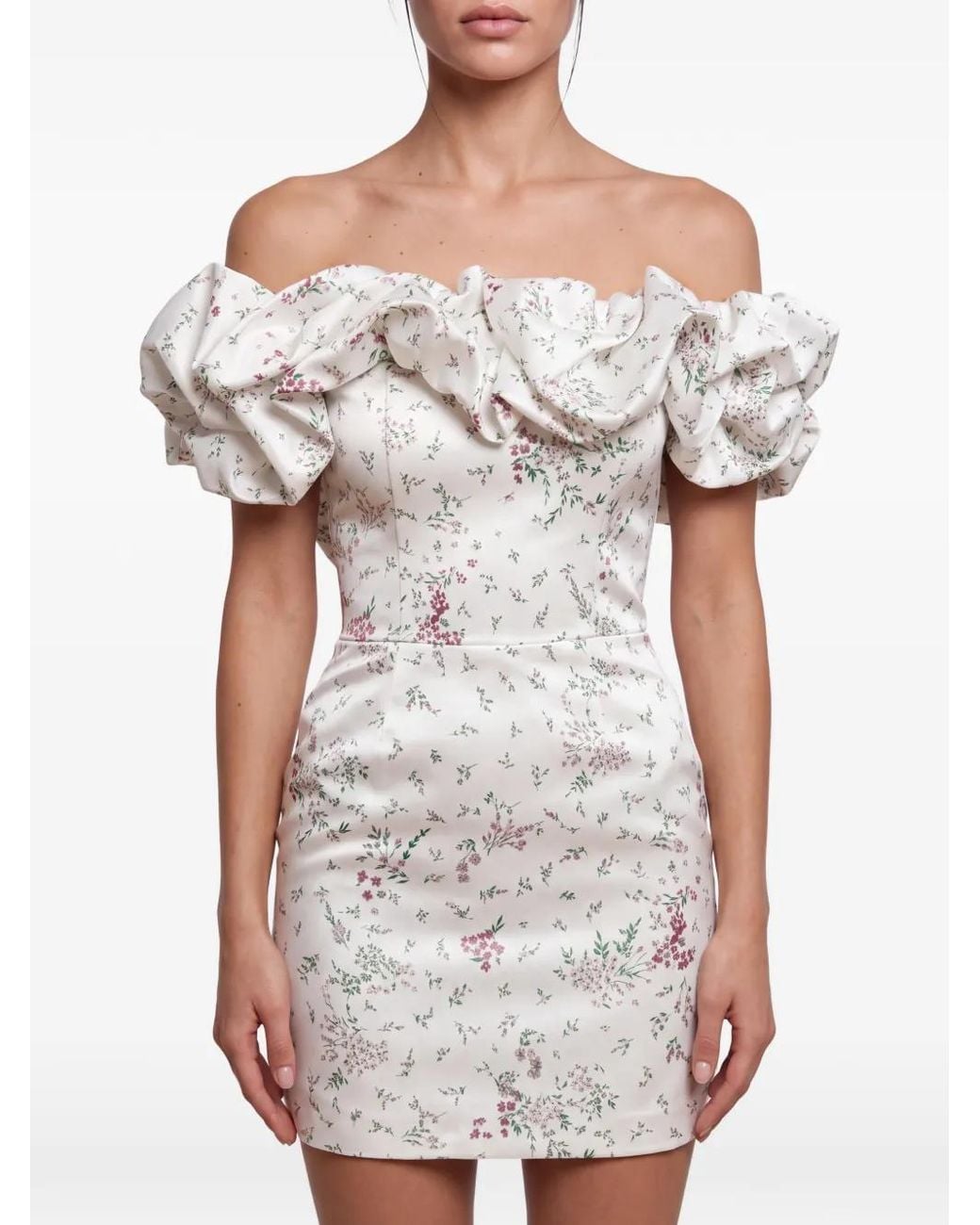 POST MERIDIEM White Ruffled Floral-Print Mini Dress