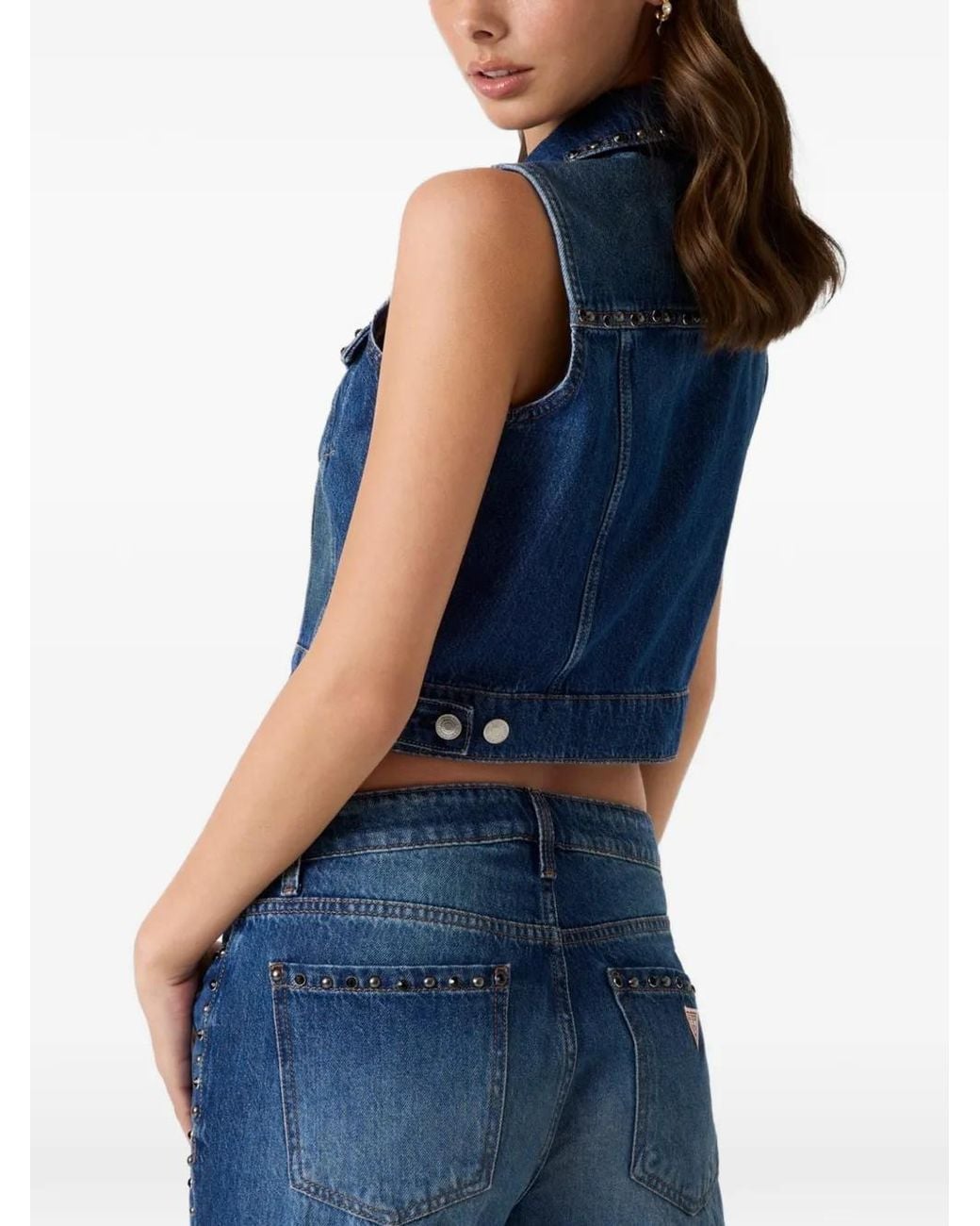 Guess Blue Jill Stud-Embellished Denim Vest