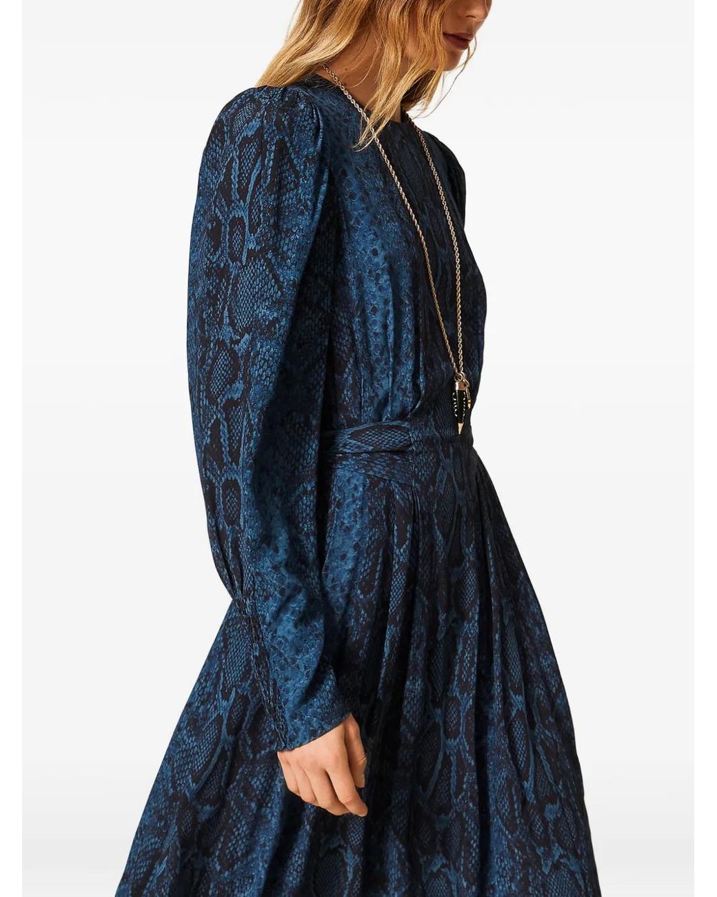 Twinset Blue Long Python Print Crew-Neck Dress