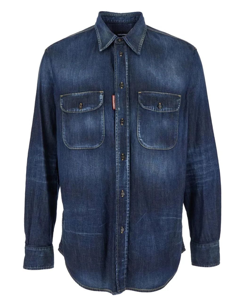 DSquared² Blue Double-Pockets Elbow-Patched Denim Shirt for men