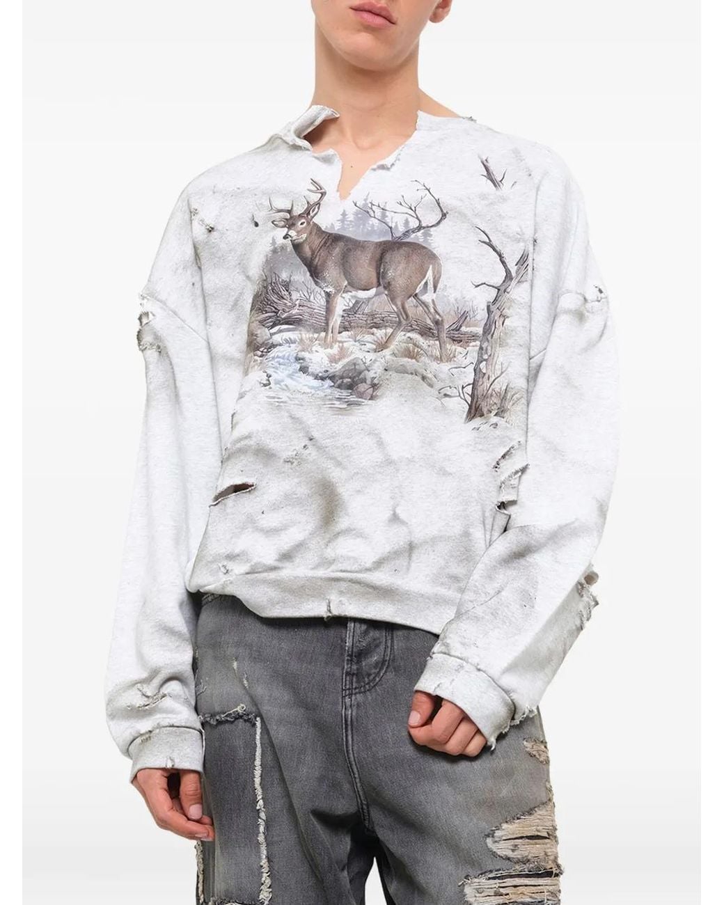 Waldi White Distressed Graphic-Print Sweatshirt for men