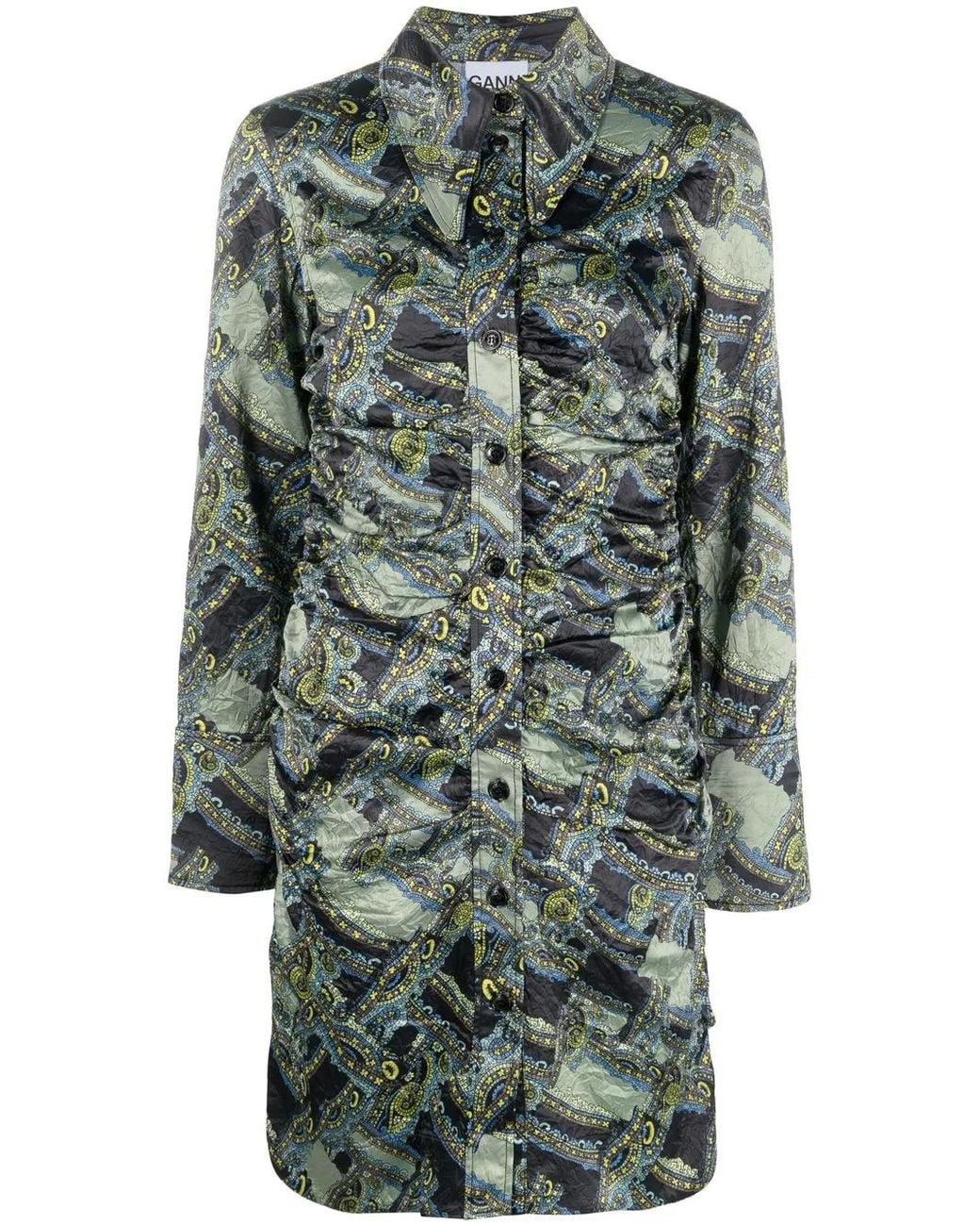 Ganni Green Paisley-Print Button-Up Dress