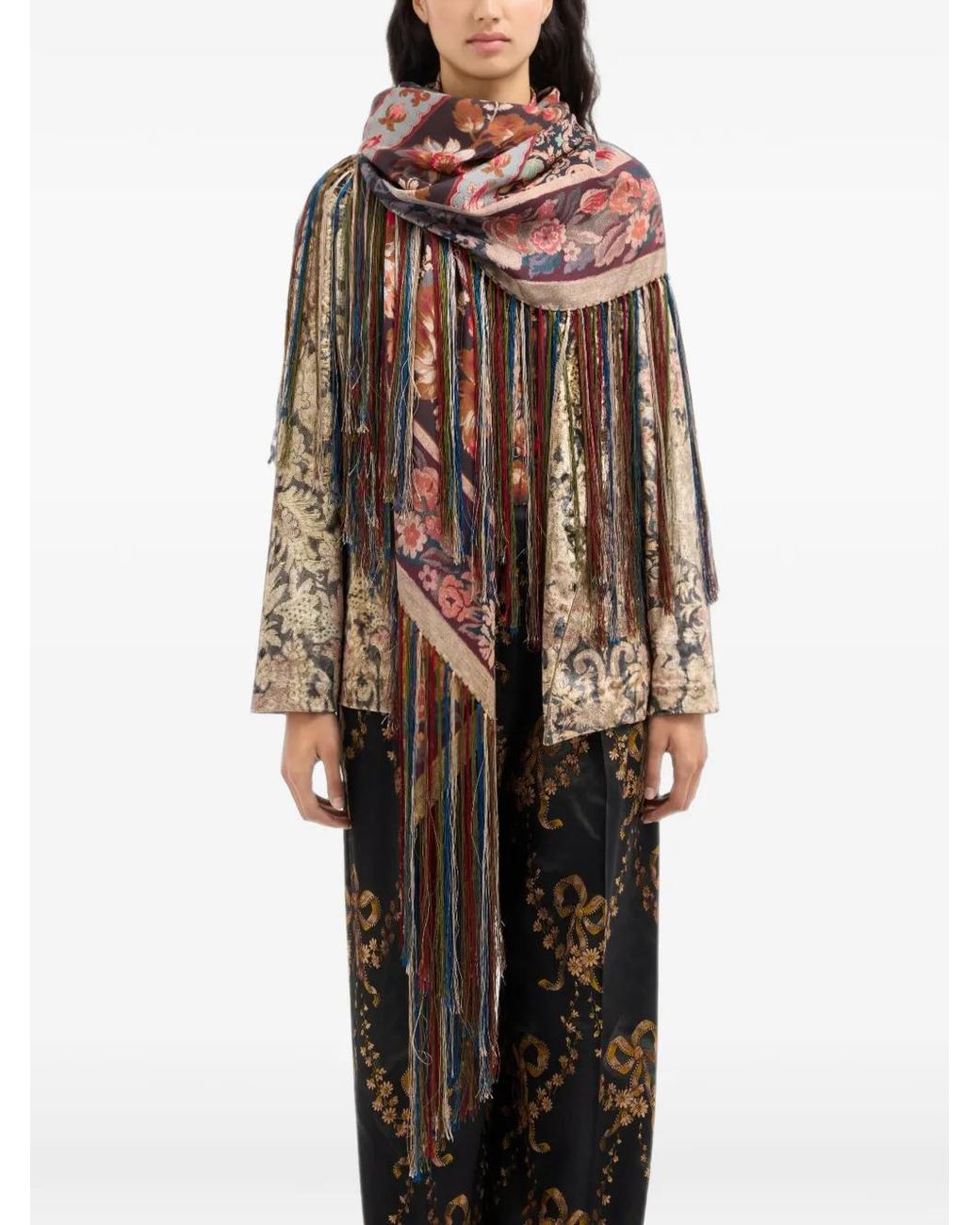 Pierre Louis Mascia White Aloeuw Floral-Print Fringed Scarf