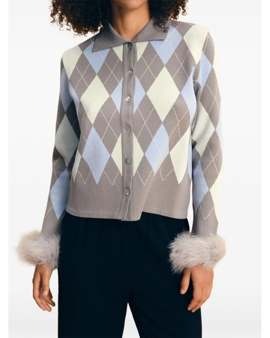 Sleeper Blue Argyle Feather-Trim Cardigan