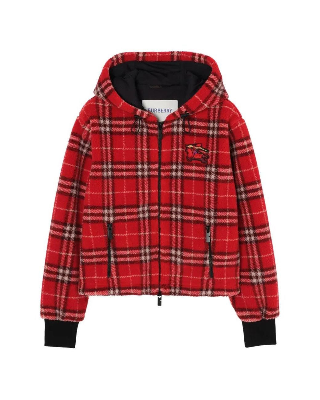Burberry Red Cropped Check Fleece Hooded Jacket