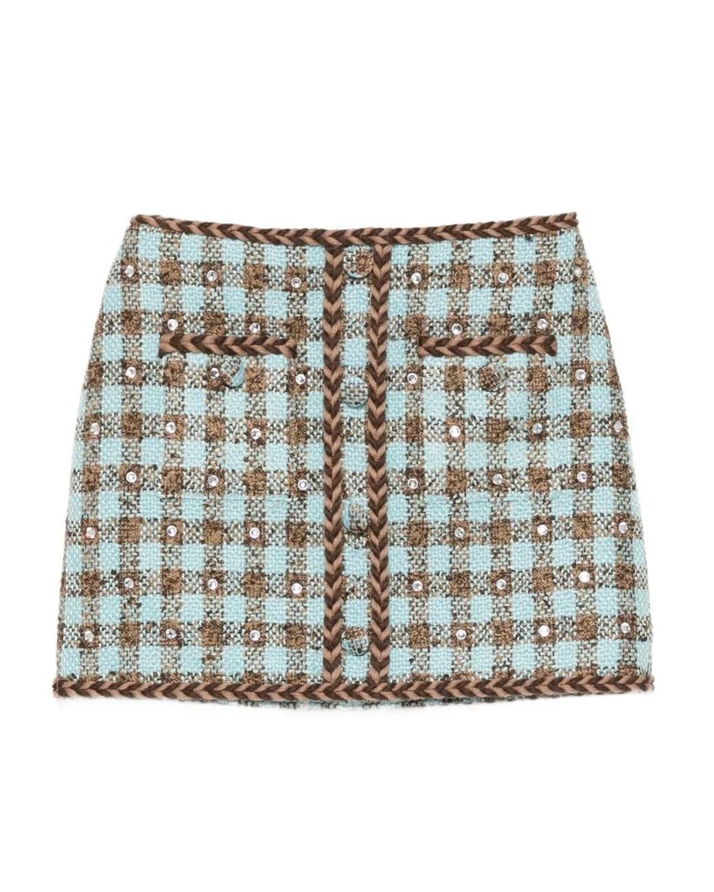 GIUSEPPE DI MORABITO Blue Gingham-Pattern Tweed Skirt