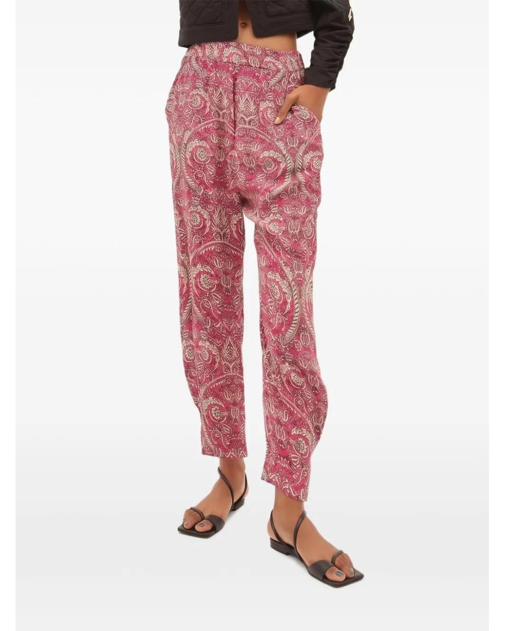 Maria Cher Pink Besalu Floral-Print Silk Tapered Trousers