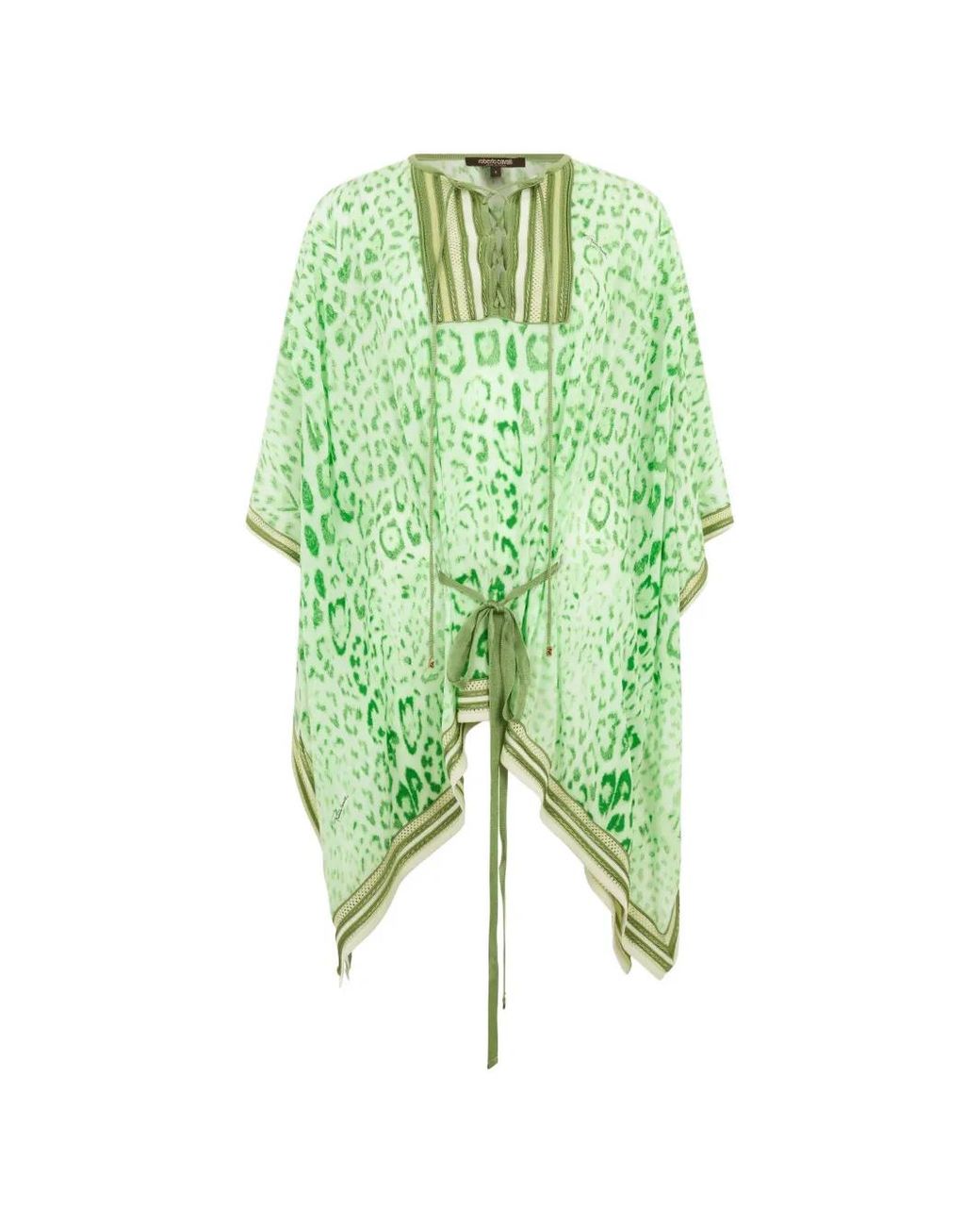 Roberto Cavalli Green Leopard-Print Lace-Up Kaftan
