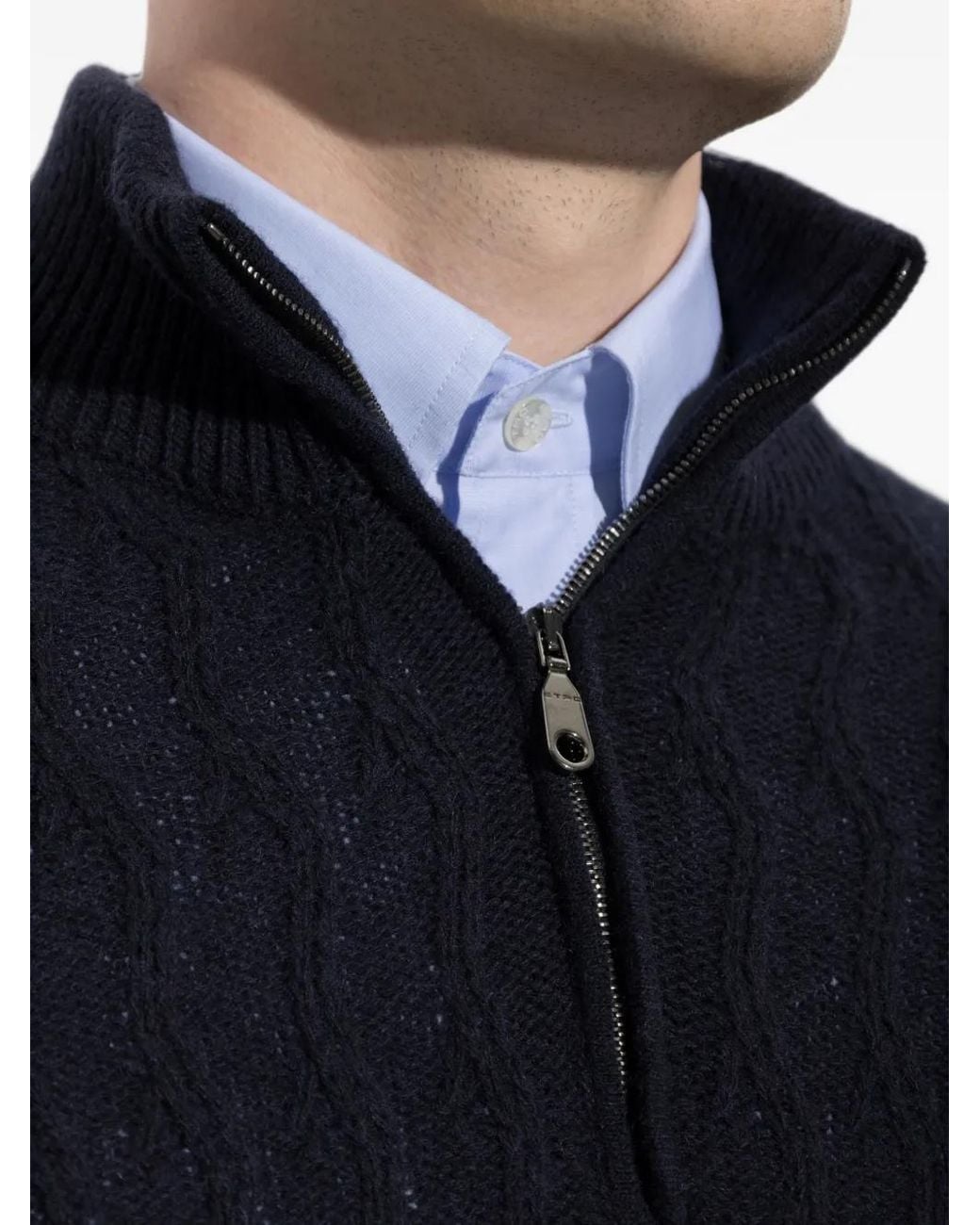 Etro Blue Quarter-Zip Cable-Knit Sweater for men