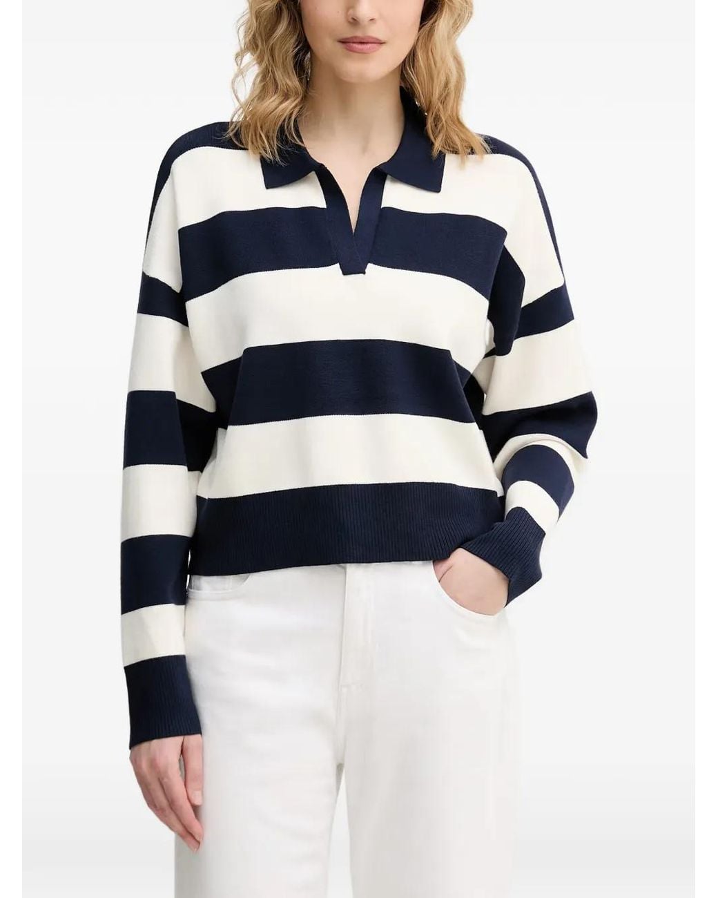 Benetton Blue Striped Polo-Collar Sweater