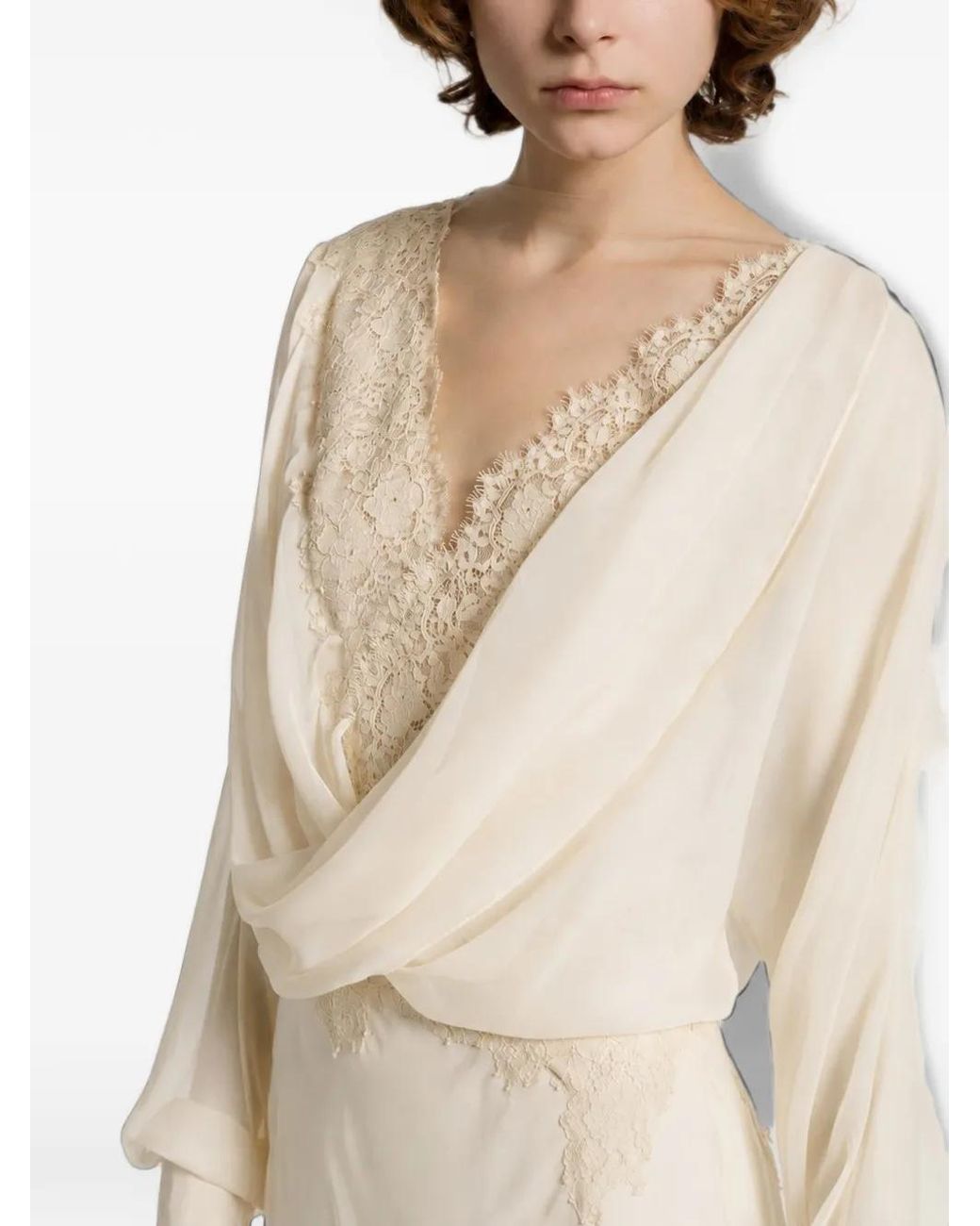 Alberta Ferretti Natural Lace-Trimmed Draped Gown