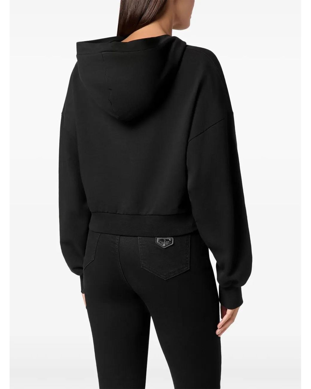 Philipp Plein Black Crystal-Logo Cropped Hoodie