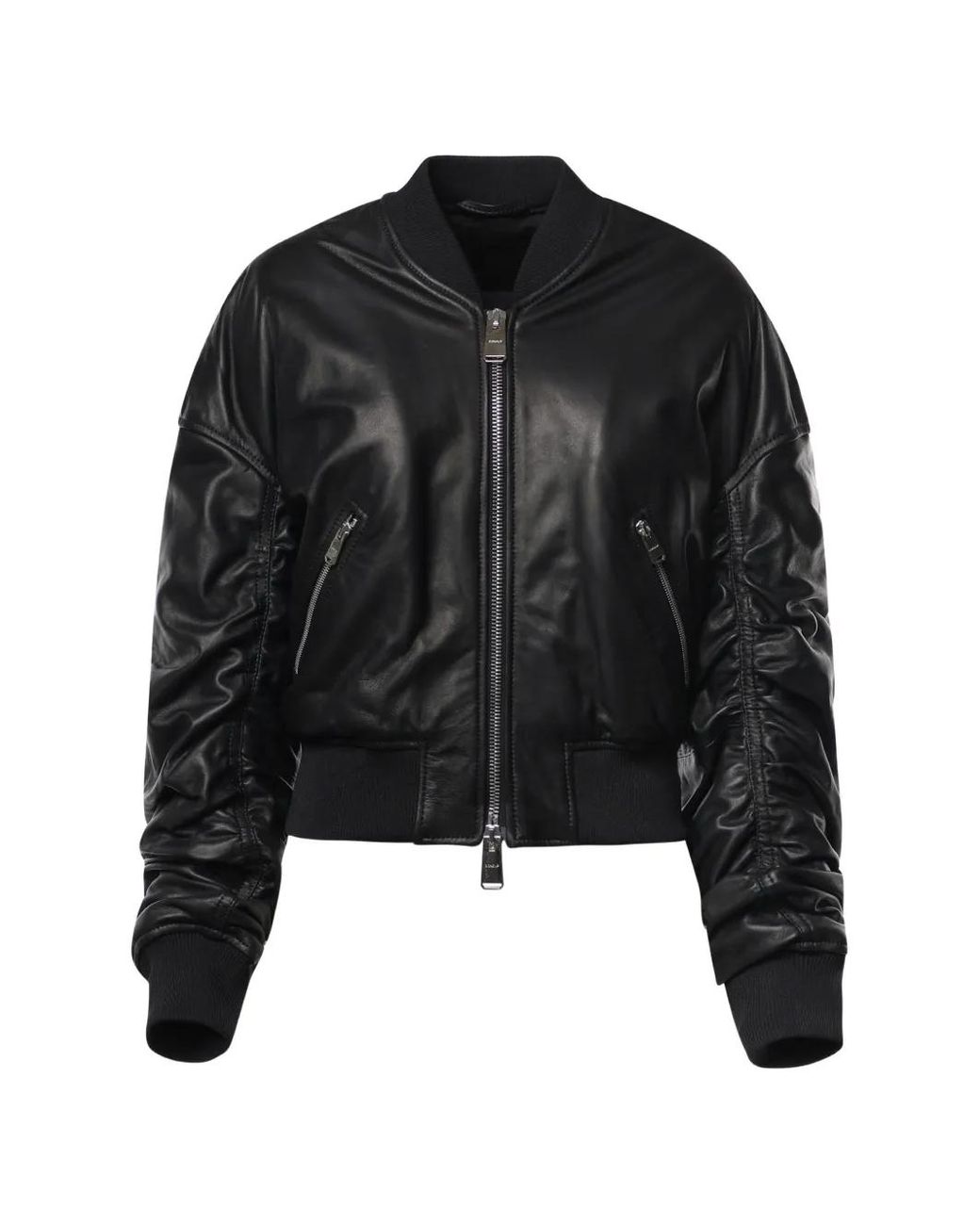 Dondup Black Ruched Leather Bomber Jacket