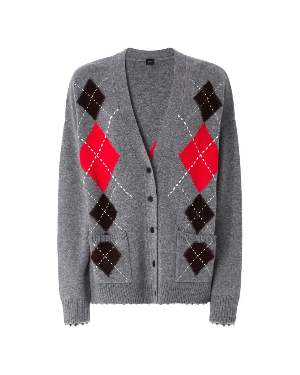 Pinko Gray Wool And Cashmere Cardigan With Diamond Motif