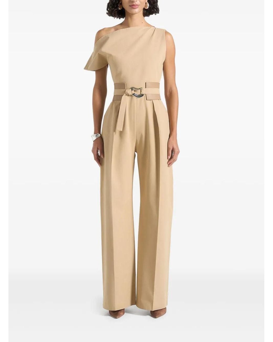 Manière De Voir Natural Sabrina Tailored Off Shoulder Jumpsuit With Belt