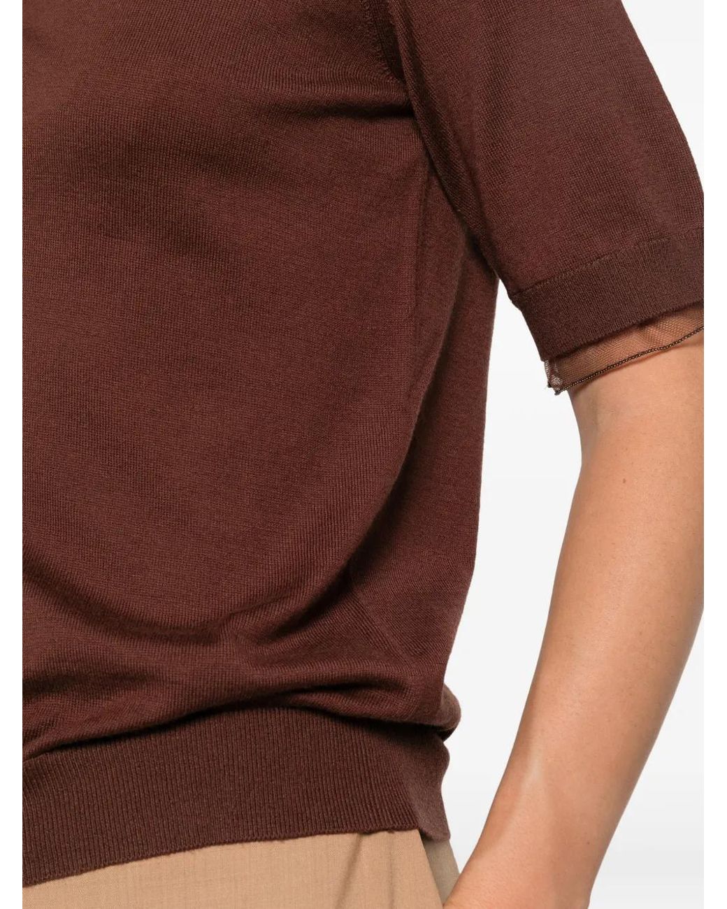 Fabiana Filippi Brown Tulle-Trim Short-Sleeve Top