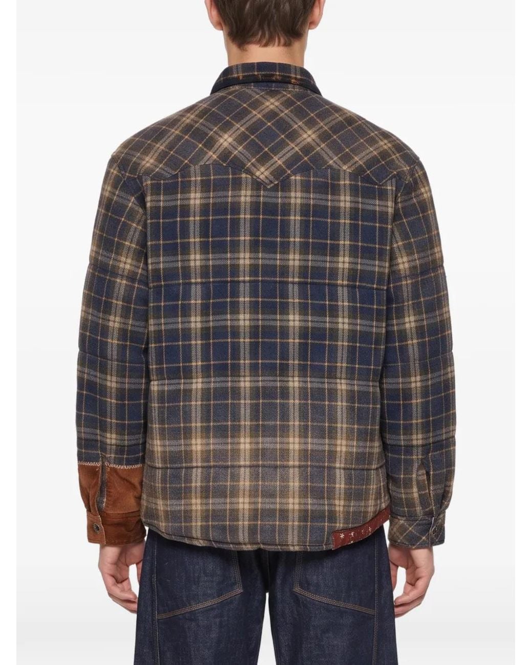 KHOKI Blue Patchwork-Detail Checked-Pattern Shirt Jacket for men
