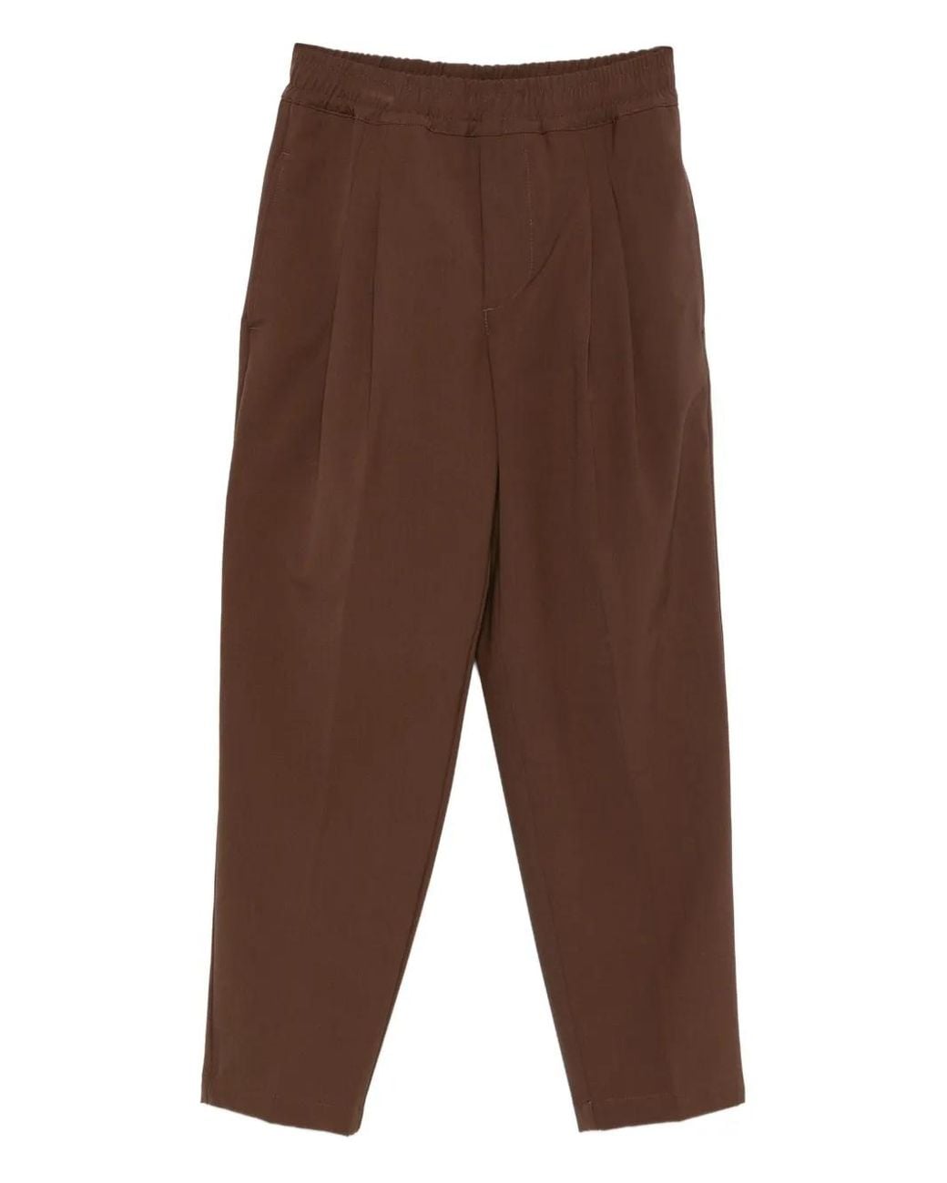 Yes London Brown Elasticated-Waist Pleated Trousers for men